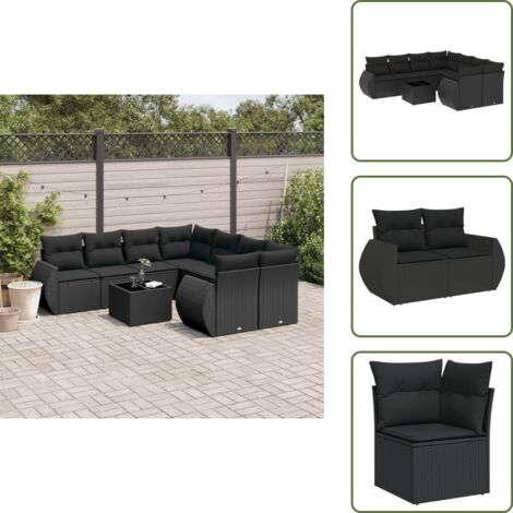 Tavolo da giardino - vidaXL Set Divani da Giardino 9 pz con Cuscini Nero in Polyrattan - Rattan PE