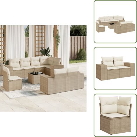 Tavolo da giardino - vidaXL Set Divano da Giardino 9 pz con Cuscini Beige in Polyrattan - Rattan PE