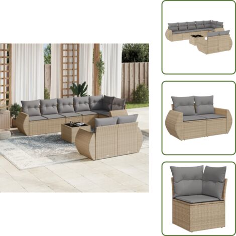 Tavolo da giardino - vidaXL Set Divano da Giardino 9 pz con Cuscini Beige in Polyrattan - Rattan PE