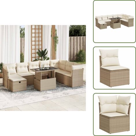 Tavolo da giardino - vidaXL Set Divano da Giardino 9 pz con Cuscini Beige in Polyrattan - Rattan PE