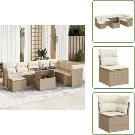 Tavolo da giardino - vidaXL Set Divano da Giardino 9 pz con Cuscini Beige in Polyrattan - Rattan PE
