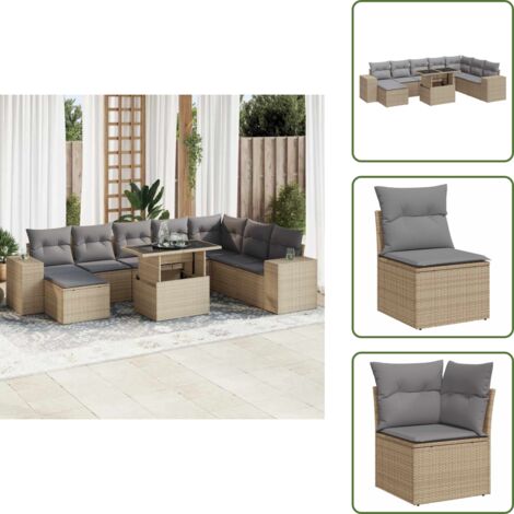 Tavolo da giardino - vidaXL Set Divano da Giardino 9 pz con Cuscini Beige in Polyrattan - Rattan PE