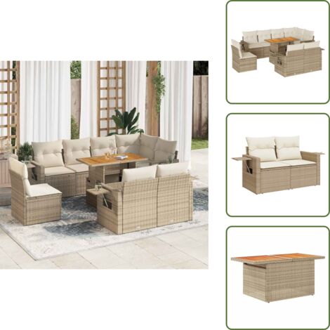 Tavolo da giardino - vidaXL Set Divano da Giardino 9 pz con Cuscini Beige in Polyrattan - Rattan PE