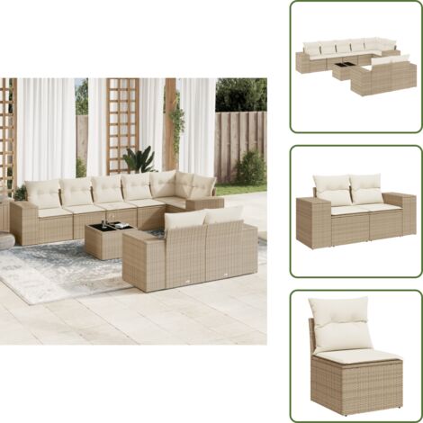 Tavolo da giardino - vidaXL Set Divano da Giardino 9 pz con Cuscini Beige in Polyrattan - Rattan PE