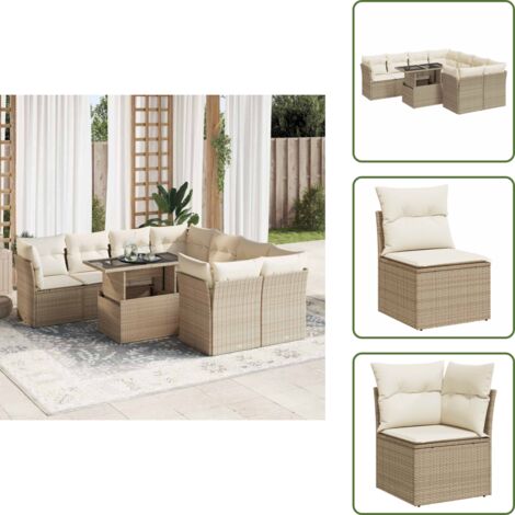 Tavolo da giardino - vidaXL Set Divano da Giardino 9 pz con Cuscini Beige in Polyrattan - Rattan PE