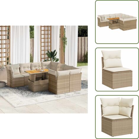 Tavolo da giardino - vidaXL Set Divano da Giardino 9 pz con Cuscini Beige in Polyrattan - Rattan PE
