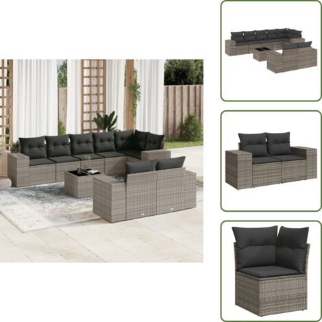 Tavolo da giardino - vidaXL Set Divano da Giardino 9 pz con Cuscini Grigio in Polyrattan - Rattan PE