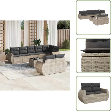 Tavolo da giardino - vidaXL Set Divano da Giardino 9pz con Cuscini Grigio Chiaro Polyrattan - Rattan PE