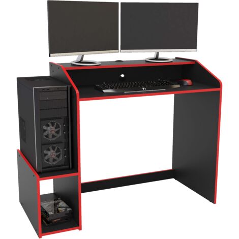 MIROYTENGO Tavolo da gioco Legend nero e rosso stile moderno 116 cm 1 ripiano con soppalco per schermo Melamina