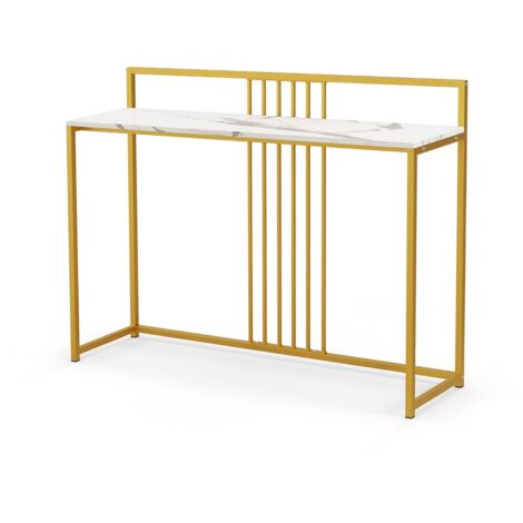 Tavolo da ingresso lungo 120cm, Consolle con piano effetto marmorino sponda struttura in metallo dorato Bianco