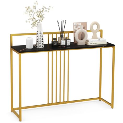 Tavolo da ingresso lungo 120cm, Consolle con piano effetto marmorino sponda struttura in metallo dorato Nero