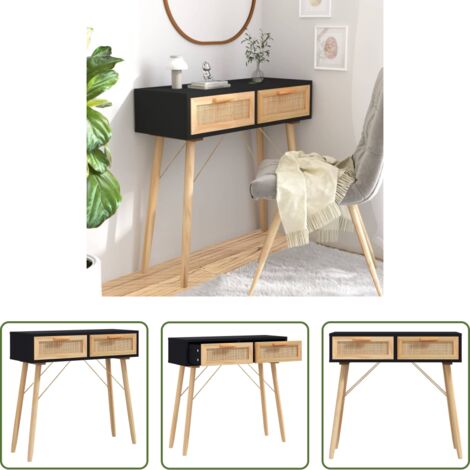 Tavolo da ingresso -  Tavolo Consolle Nero 80x30x75cm Massello Pino e Rattan Naturale