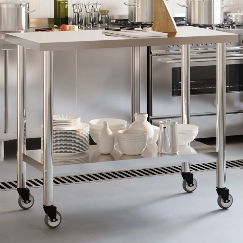 Image of Tavolo da Lavoro Cucina con Ruote 110x55x85 cm in Acciaio Inox