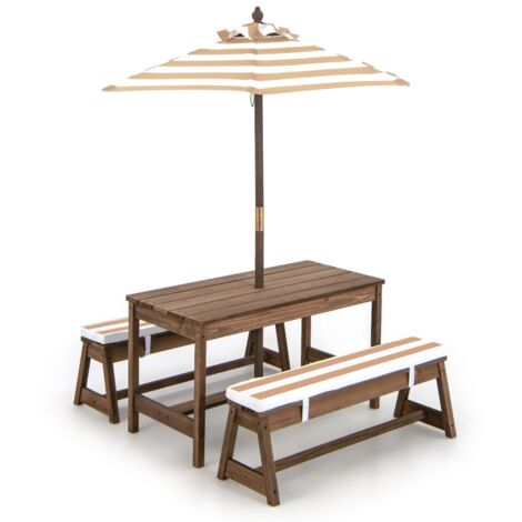 Tavolo da picnic per bambini con ombrello, Set di tavolo e panca in legno con cuscini per attività Marrone