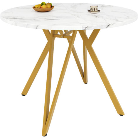 Tavolo da Pranzo 100x100x76 cm, Superficie Effetto Marmo, Resistente Lavabile, Supporto Metallico, Oro, per Sala da Pranzo