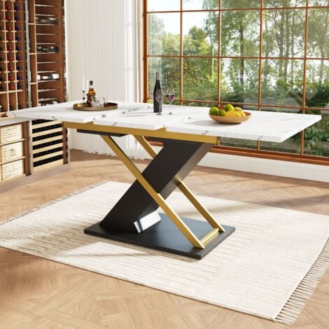 Tavolo da pranzo (120-160) x80x75,4cm Tavoli allungabili, gambe a X, motivo marmo, piano bianco, per cucina/soggiorno, MDF e metallo, nero e oro