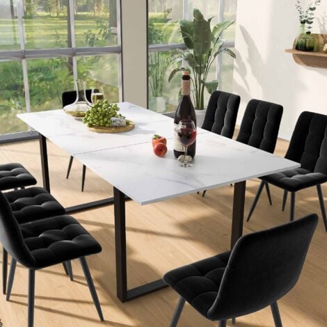 Tavolo da pranzo 140/180x80x75cm Tavoli allungabili, scrivania, gambe in metallo nero, motivo marmo, sala da pranzo/ufficio, MDF, bianco