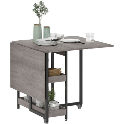Tavolo da pranzo a ribalta per 4 persone – 2 lati sollevabili – Spazio chiuso 80x33 cm – Effetto legno grigio – Con 2 scomparti e ruote con freno
