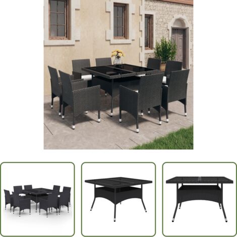 Tavolo da pranzo all'aperto -  Set Mobili da Pranzo per Giardino 9 pz Polyrattan e Vetro Nero