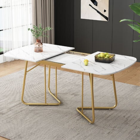 Tavolo da pranzo allungabile in marmo per 4-6 persone, tavolo rettangolare in stile lussuoso, gambe in metallo dorato, bianco 140-180 cm