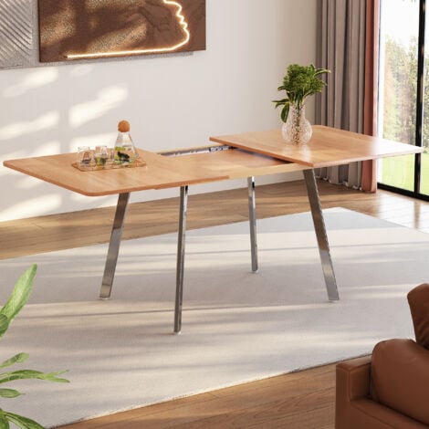 Tavolo da pranzo allungabile in MDF per 4-6 persone, tavolo rettangolare in stile semplice, gambe cromate argento, supporto in lega, naturale 140-180 cm
