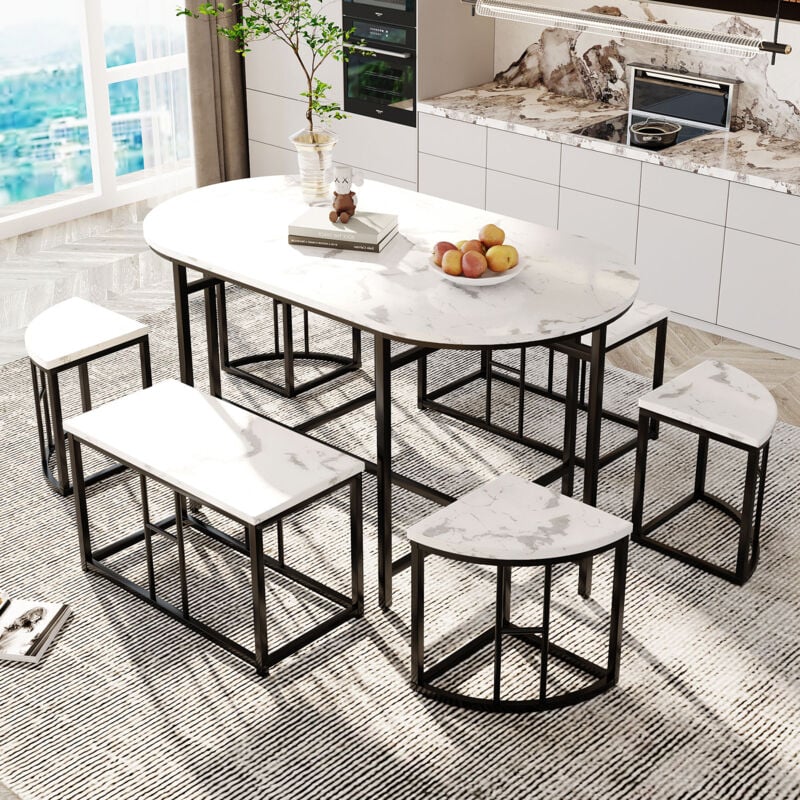 Image of Set tavolo da pranzo con sei sedie, gruppo da pranzo con seduta in MDF bianco e struttura in ferro nero, tavoli e sedie moderni di lusso (Sku