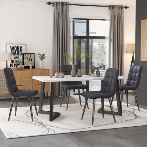 Tavolo da pranzo da 46 pollici con 4 sedie, tavolo da pranzo rettangolare, set da tavolo da cucina moderno, sedia da pranzo in lino grigio scuro, gambe da tavolo nere