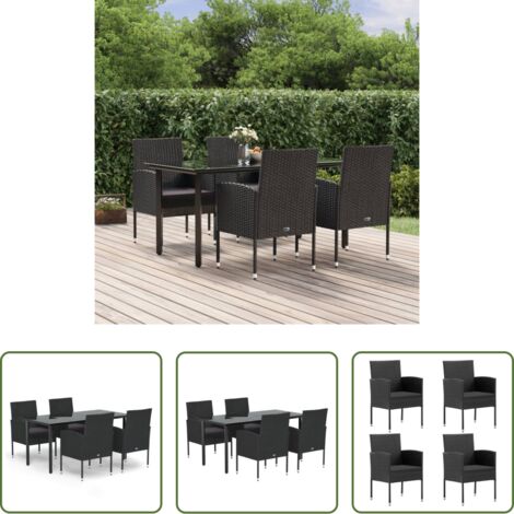 Tavolo da pranzo da esterno -  Set da Pranzo da Giardino 5 pz Nero con Cuscini in Polyrattan