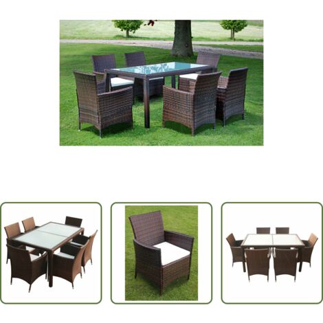 Tavolo da pranzo da esterno -  Set da Pranzo da Giardino 7 pz con Cuscini Polyrattan Marrone