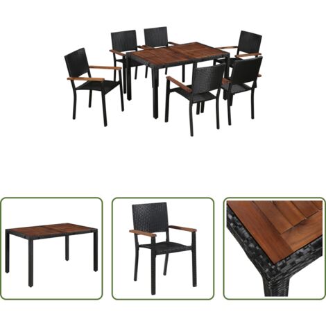 Tavolo da pranzo da esterno -  Set da Pranzo da Giardino 7 pz in Polyrattan e Acacia Nero