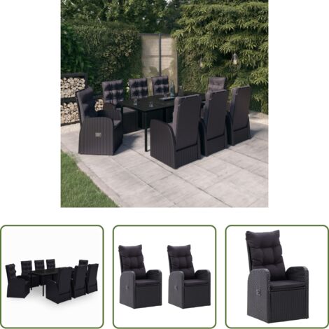 Tavolo da pranzo da esterno -  Set da Pranzo da Giardino 9 pz con Cuscini Nero