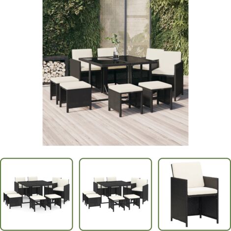 Tavolo da pranzo da esterno -  Set da Pranzo da Giardino 9 pz con Cuscini Nero in Polyrattan
