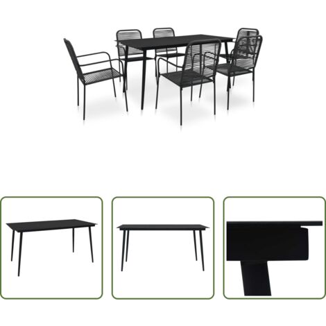 Tavolo da pranzo da giardino -  Set da Pranzo da Esterni 7 pz in Corda di Cotone e Acciaio Nero