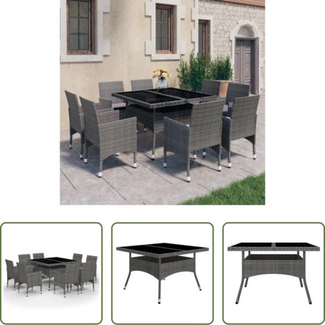 Tavolo da pranzo da giardino -  Set Mobili da Pranzo per Giardino 9pz Polyrattan e Vetro Grigio