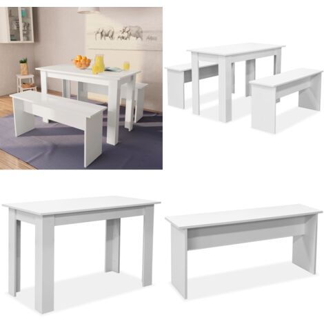 Tavolo da Pranzo e Panche 3 pz in Legno Multistrato Bianco - Panca - Legno multistrato
