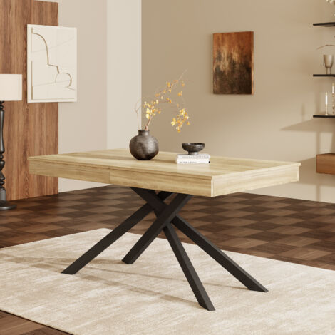 Tavolo da Pranzo Estensibile 140-180 x 80 cm, Capacità 60 kg, Gambe in Metallo, MDF, Naturale, per Ristorante