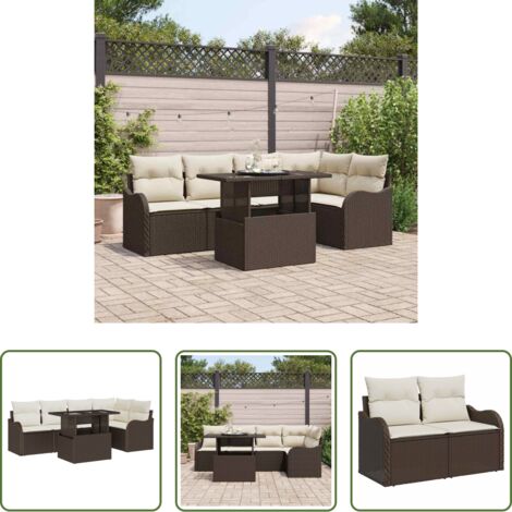 Tavolo da pranzo esterno -  Set da pranzo con cuscino 6 pcs Marrone Poly Rattan