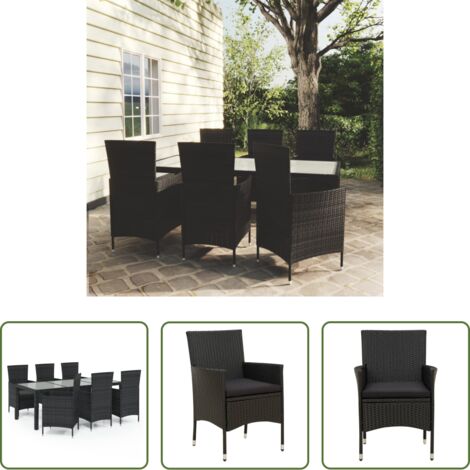 Tavolo da pranzo esterno -  Set da Pranzo da Giardino 7 pz con Cuscini in Polyrattan Nero