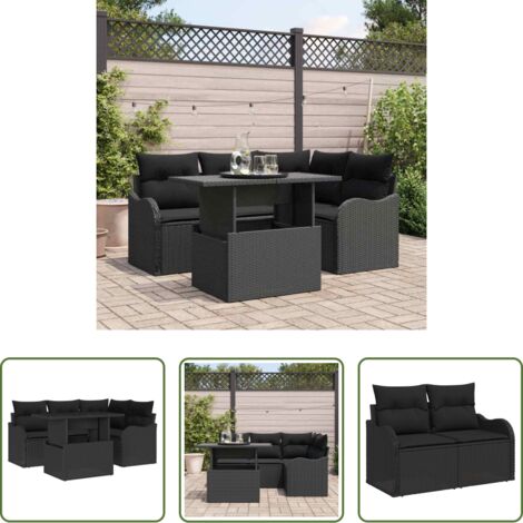 Tavolo da pranzo esterno -  Set da pranzo per esterni con cuscino 5 pcs Nero Poly Rattan