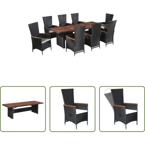 Tavolo da pranzo in rattan -  Set da Pranzo da Giardino 9 pz con Cuscini in Polyrattan Nero