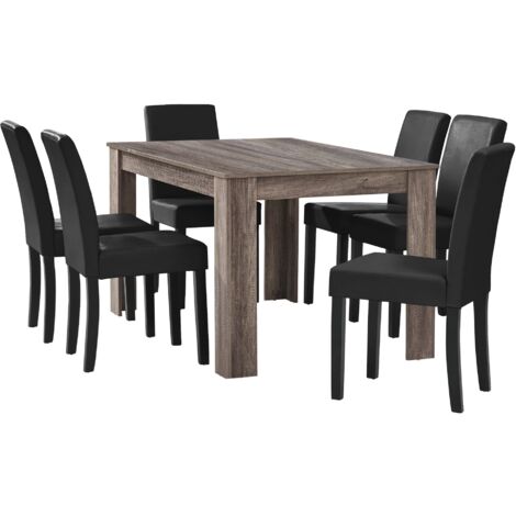 Tavolo da pranzo in rovere antico con 6 sedie in pelle nera-sintetica rivestite 140x90 cm 030004075
