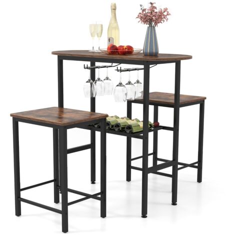 Tavolo da pranzo ovale e 2 sgabelli con portabottiglie arredamento per cucina, Set da tavolo alto a 3 pezzi portabicchieri da vino Marrone