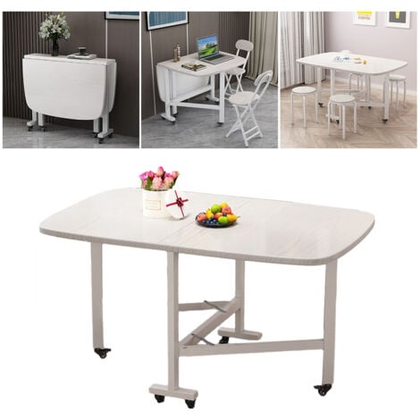 Tavolo da pranzo pieghevole allungabile in legno massello con design a foglia e ruote mobili, Tavolo rettangolare per aree compatte – perfetto per piccoli spazi - Bianco, 100 x 60 cm