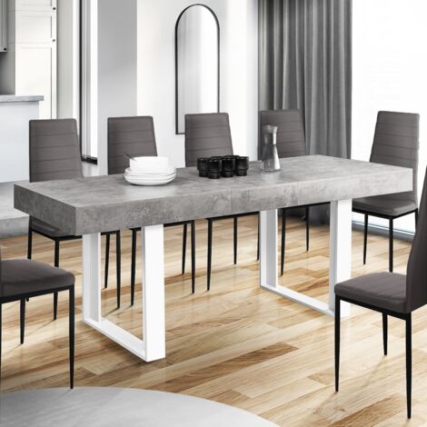 Tavolo da pranzo rettangolare allungabile OREGON con contenitore per 4-8 persone, effetto cemento e bianco 160-200 cm