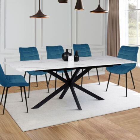 Tavolo da pranzo rettangolare allungabile per 6-10 persone ALASKA con effetto marmo bianco e gamba a ragno in metallo 160-200 cm