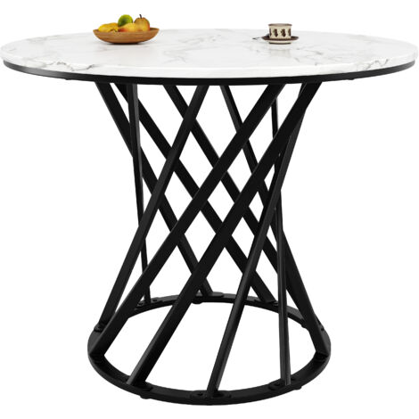 Tavolo da Pranzo Rotondo 80x80x76 cm, Piano in MDF con Effetto Marmo, Gambe in Metallo, Nero, per Sala da Pranzo e Soggiorno
