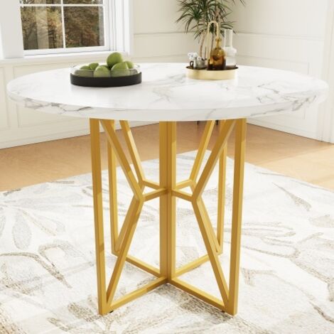 Tavolo da pranzo rotondo bianco per 4-6 persone, piano in MDF marmorizzato con gambe in metallo dorato, per sala da pranzo, soggiorno e cucina, 80x80x76 cm