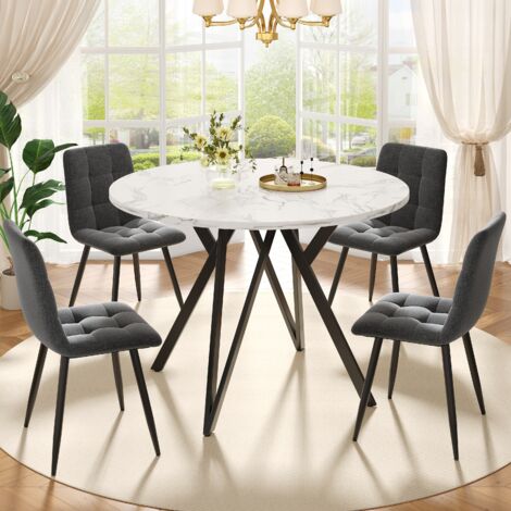 Tavolo da Pranzo Rotondo con Piedini Regolabili, Piano Effetto Marmo in MDF e Struttura in Metallo, 100 x 100 x 76 cm