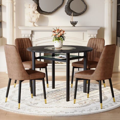 Tavolo da pranzo rotondo con vetro intarsiato, Ø100 cm, con 4 sedie in tessuto marrone, MDF effetto legno e metallo nero - Nero