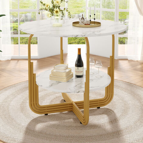 Tavolo da pranzo rotondo per 4-6 persone, con ripiano rotondo, impiallacciatura in marmo, piedini regolabili, MDF, 80×80×76 cm, bianco + oro